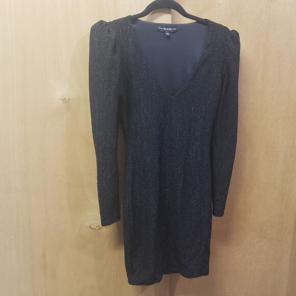 GUESS Cardi Metallic Puff Sleeve Dress Color-Black Size XS - Picture 2 of 9